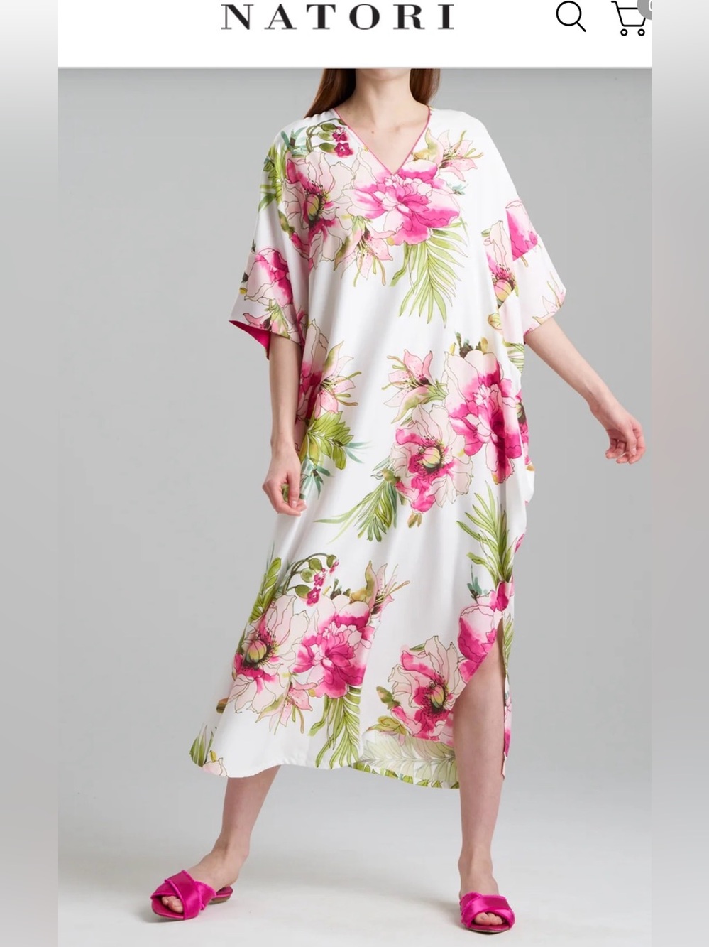 NATORI Floral Multicolor V-Neck Silk Caftan Dress Small